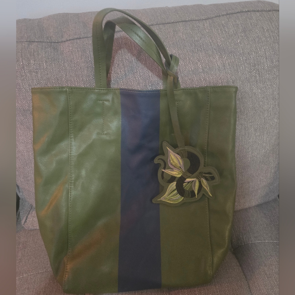 Olive Green Stripe Leather Tote with Floral Accent